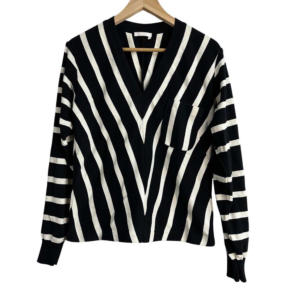 Chloe Chevron Black White Stripe V Neck Long‎ Sleeve Sweater Top 100% Cotton S